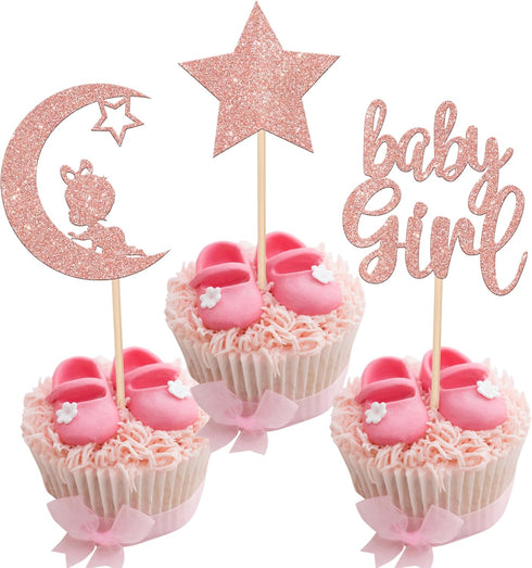 24 PCS Rose Gold Baby Girl Cupcake Toppers with Moon Star Glitter for Birthday Party Cake Decorations
