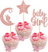 24 PCS Rose Gold Baby Girl Cupcake Toppers with Moon Star Glitter for Birthday Party Cake Decorations
