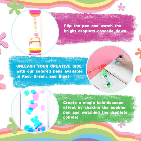 Liquid Timer Pen - Retractable Ballpoint with Colorful Bubbles & Droplets - Calming Fidget Writing Toy for Kids &