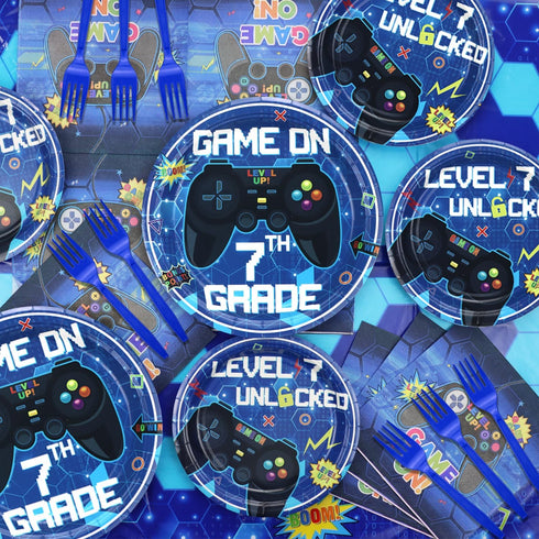 81 Pcs Video Game Party Supplies: 7th Birthday Video Game Decor Dinner Plates, Napkins, Tablecloth, Forks for 20