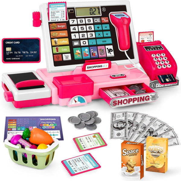 Kids Cash Register Toy Playset, Toddler Prentend Play Store with Real Calculator