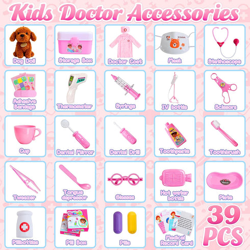 3-5 39 Set Girl Toys Doctor Kit for Toddlers with Plush Dog, PCS Kids Vet Play with Heartbeat Sound Stethoscope & Dress