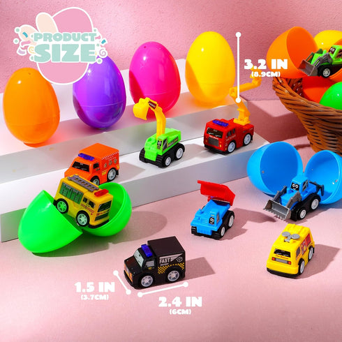 24 JOYIN Pcs Filled Easter Eggs with Pull Back Construction Cars, Prefilled Easter Egg with Vehicle for Kid Boys
