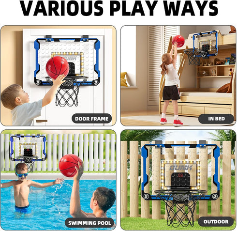 Indoor Basketball Hoop for Kids - Over The Door Mini Hoops with LED Light, Scoreboard & 4 Balls, Gifts for Ages 5-12