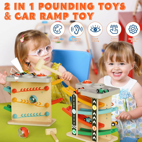 1-3: 2-in-1 Hammer 4 1 2 3 Wooden Car Ramp Toy for Toddlers Pound a Ball Toy with & Cars - Montessori Educational Race