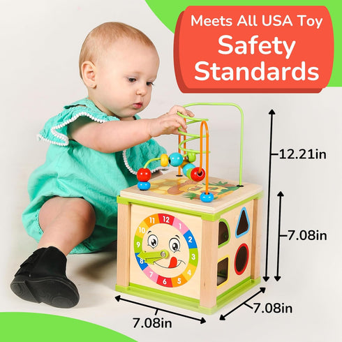 TOYVENTIVE Wooden Activity Cube, Montessori Toys, Educational Sensory Toy for 1-2 Year Old Baby, Toddler, Kid