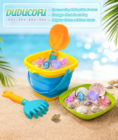Set DUDUCOFU Collapsible Beach Sand Toys for Kids Toddlers, Collapsible Sand Buckets Sifter and Shovels Rake Diving Gem