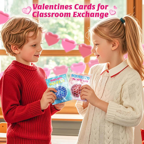 24 Valentines Day Cards for Kids School Classroom, Stretch Squeeze Balls Fidget Toys with Valentines' Cards, Valentines