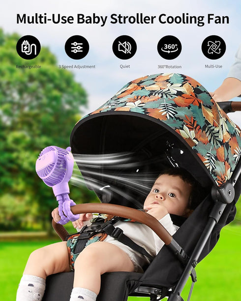 Baby Stroller Fan, Rechargeable Portable Fan with 2000 mAh Battery Operated,3 Wind Speed,360-Degree Rotation,Ultra-Low Noise Level,Safe mini fan for your baby