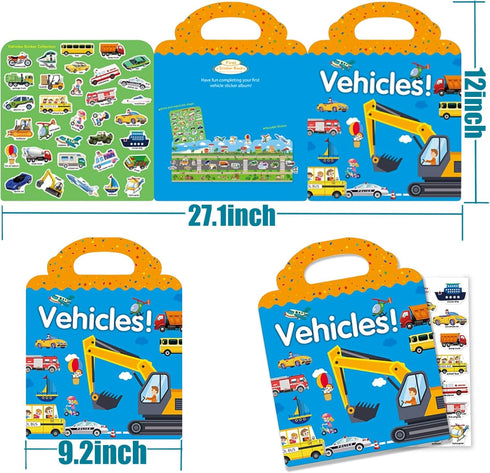 Reusable Sticker Books for Kids - Travel Removable Toddler Vehicle Sticker Books for 3-5 Year Olds, Educational