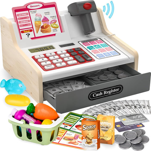maysida Rechargeable Wooden Kids Cash Register with Scanner, Pretend Play Cash Register