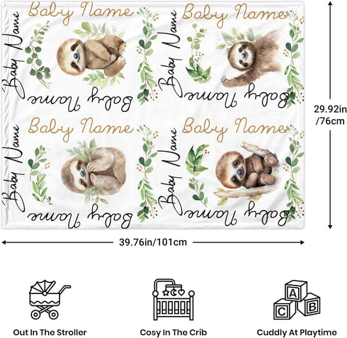 Novusopt Monogrammed Sloth Blanket Baby Blanket with Name Personalized Sloth Receiving Blankets Girl Baby Boy Blankets