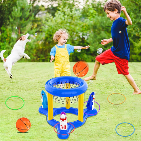 Pool Toys Pool Floats for Kids and Adults, Inflatable Pool Basketball Hoop & Ring Toss Game, 2-in-1 Outdoor Toy