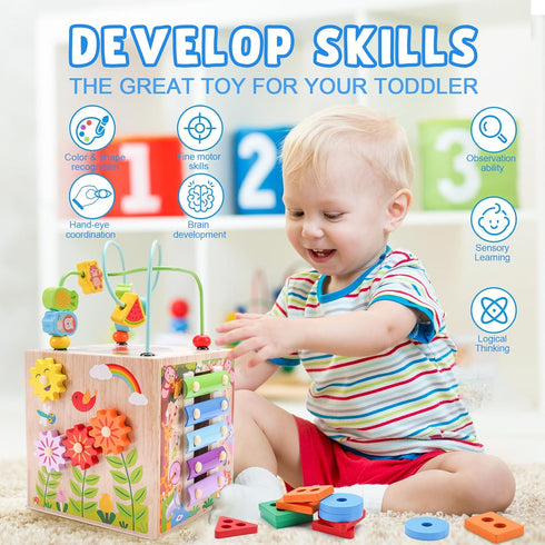 1 2 3 1st 12+ Wooden Activity Cube | Montessori Toys for Year Old Toddlers | One Year Old First Birthday Gift |