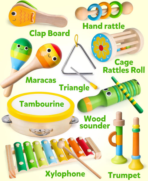 Playset, Coogam Wooden Musical Instruments for Toddlers, Tambourine Xylophone Castanet Flute Maracas Wood Percussion