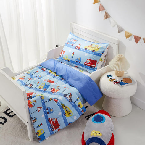 4-Piece Set, 1 1 1 1 Set, Set, PINNKKU Toddler Bedding Includes Flat Sheet, Fitted Sheet, Comforter and Reversible