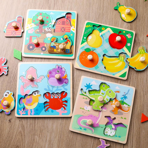 LovesTown 4PCS Wooden Peg Puzzles - Knob Puzzles with Handles for Toddlers Educational Montessori Learning
