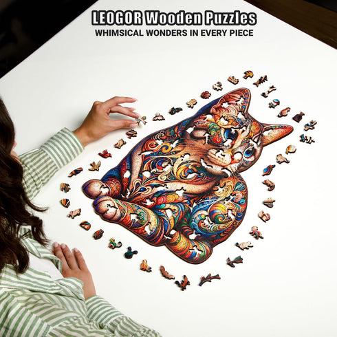 LEOGOR Wooden Puzzles for Adults - Whiskered Cat Mosaic, 350 Piece Large Size (14 x 18.1 in) with Vibrant Flowers