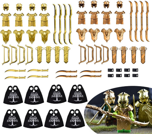 Elf Metallic Gold and Rose Gold Lances, Bows, Sword, Helm and Armour for Major Brand Building Block Minifigures (72 PCS)