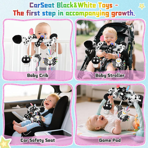 0-6 Spiral Car Seat Toys for Babies, Months Stroller Pram Activity Hanging Toys High Contrast Black and White Sensory
