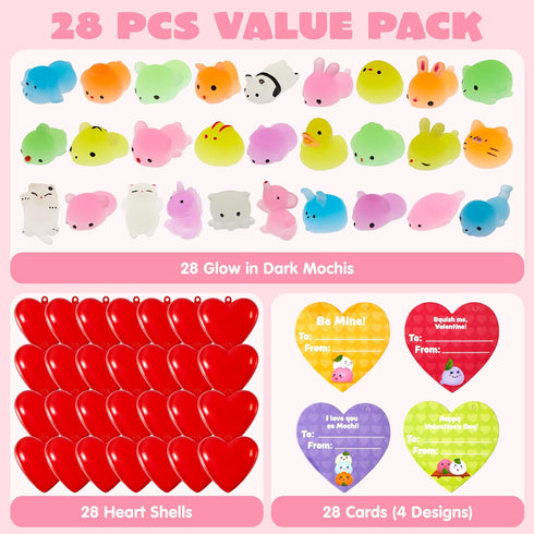 28 Packs JOYIN Valentines Day Gifts for Kids, Glow Mochi Squishy Toys with Heart Funny Valentines Day Cards for Kid