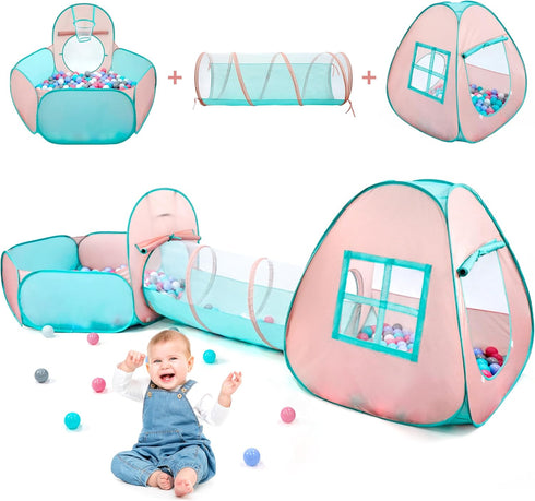 3 in 1 Pop Up Kids Play Tent with Tunnel and Ball Pit, Indoor/Outdoor Playhouse for Kids, Boys, Girls, Orange