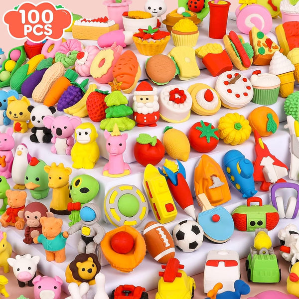 100 Pack Animal Erasers, 3D Puzzle Pencil Erasers for Kids, Bulk Treasure Box Toy for Classroom