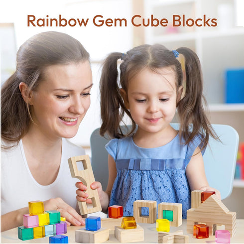 Wooden Rainbow Building Blocks Set for Kids, 22 PCS Wooden Blocks & 25 PCS Acrylic Gem Cubes, Montessori Stacking Toys
