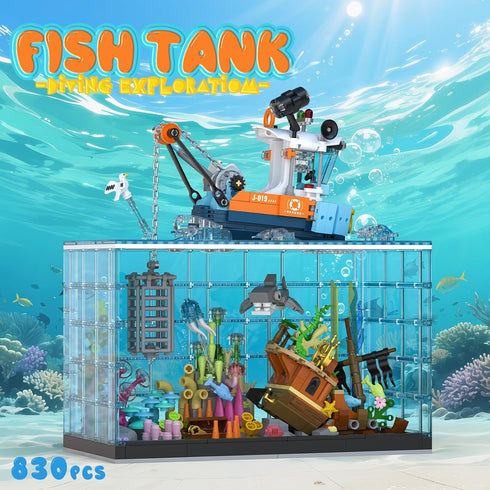 NERCISU Set, Set 8-12+ Adults(830PCS) Fish Tank Building Blocks Aquarium Building with LED Lights, Including Ocean