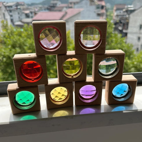 16PCS Acrylic Wooden Gem Blocks, Sparkling Colorful Wooden Stacking Toys, Montessori Educational Wooden Toys