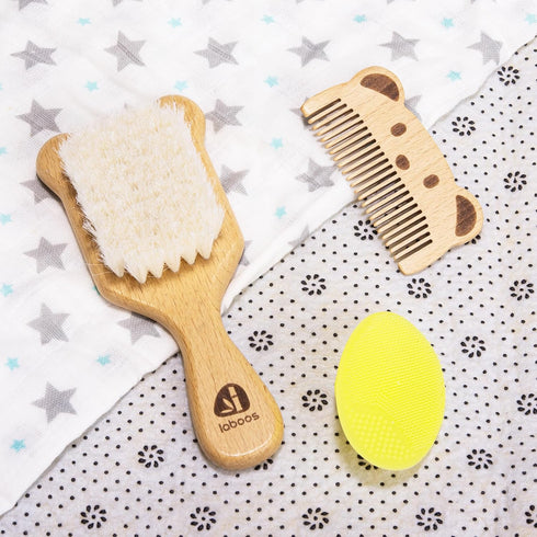 Set Baby Hair Brush and Comb for Newborns & Toddlers - Wooden Handle and Natural Soft Goat Bristles,Gentle Cradle Cap