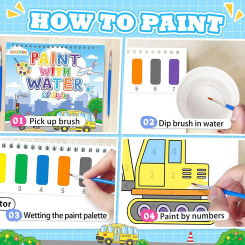 SOCOLER 1-3, 4-8 Paint with Water Coloring Books for Toddlers, Traffic Theme Mess Free Watercolor Painting Papers