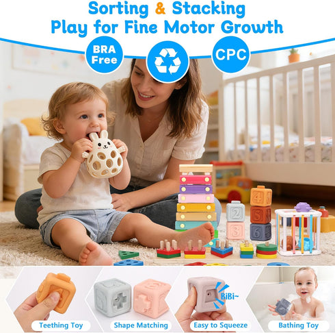 FlufiFiea 6-18 5-in-1 Set 1-3 Baby Toys for Months, Montessori Educational Toy with Soft Teething Toy Stacking Blocks