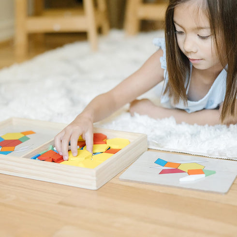 Melissa & Doug Wooden Classic Toy Pattern Blocks and Boards - 120 Solid Wood Shapes, 5 Double-Sided Panels,