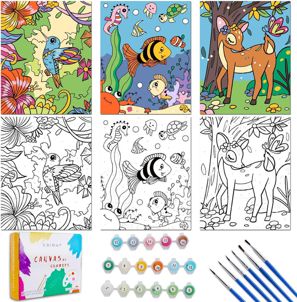 3 Pack Paint by Numbers for Kids Ages 8-12, 10*8" Color by Number Framed Canvas with 17 Acrylic Paint Pots and 6