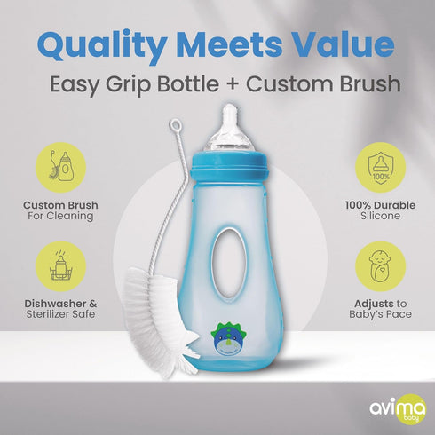 8 oz. Set (Pack 3) Avima Easy Grip Anti Colic Baby Bottles, BPA Free, Wide Neck w/Medium Flow Silicone Nipples & Bottle
