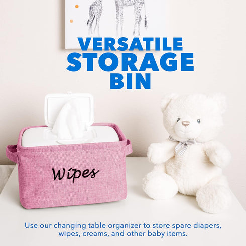 Baskets for Organizing Wipes and Newborn Essentials, Pink Linen Diaper and Wipes Organizer, 9 x 6 x 5.5 Inches