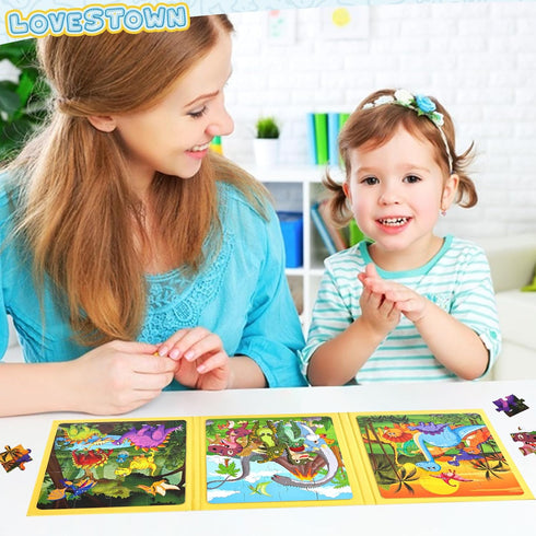 LovesTown Magnetic Travel Puzzles Book - Dinosaur Wooden Magnetic Puzzles for Toddlers Learning