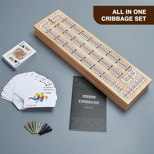 15'' 3 Set, 2 Vamslove Magnetic Cribbage Board Wooden Folding Track Game w/Instruction, Storage Slots for Playing