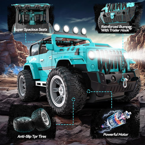 DEERC Remote Control Truck, 1:16 RC Car with Fog Mist & Music, 2.4GHz All Terrain SUV Gifts for Boys