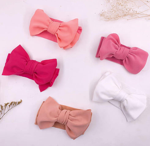 KIDOCHEESE Baby Girl Nylon Hairband with Bows, 5 Count (Pack of 1), Handmade for Infant, Extra Stretchy