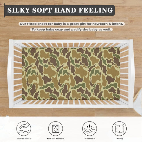 QINBEIDU 28"x52" Vintage Camo Green Fitted Crib Sheet Camouflage Retro Brown Army Standard Crib Mattress Fitted Sheet