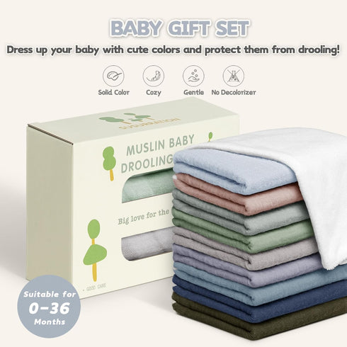 Muslin Baby Drool Bibs 10-Pack, Soft Square Adjustable Bandana Bibs for Unisex Newborn Baby Girls & Boys