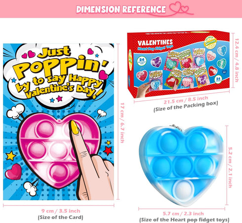 24 Pack SURCVIO Valentine Day Gifts for Kids, Pop Fidget Heart-Shaped Mini Push Bubble Sensory it Fingertip Keychain