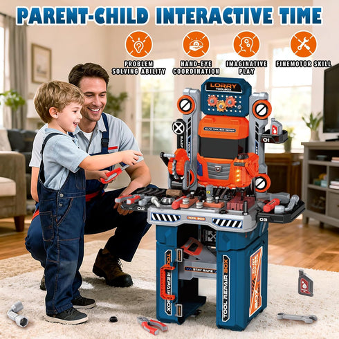 65 Set, 2-in-1 Set 3 4 5 6 7 8 Pcs Kids Tool Kids Tool Box & Bench, Toddler Tool with Electric Drill and Power Miter