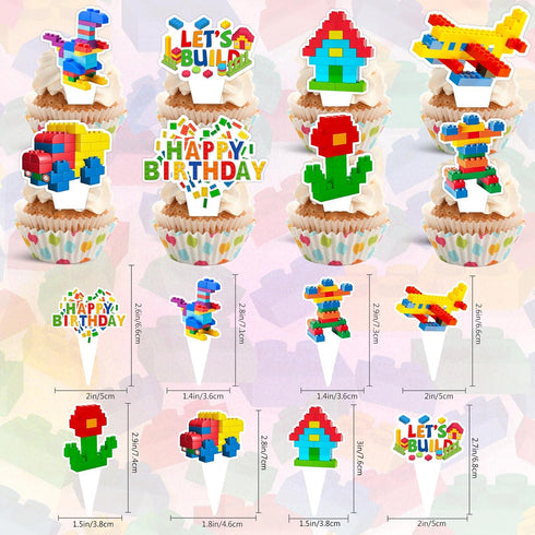 CoquetteBow012 24-Piece Building Block Brick Themed Birthday Party Cupcake Toppers Decorations for Party Supplies