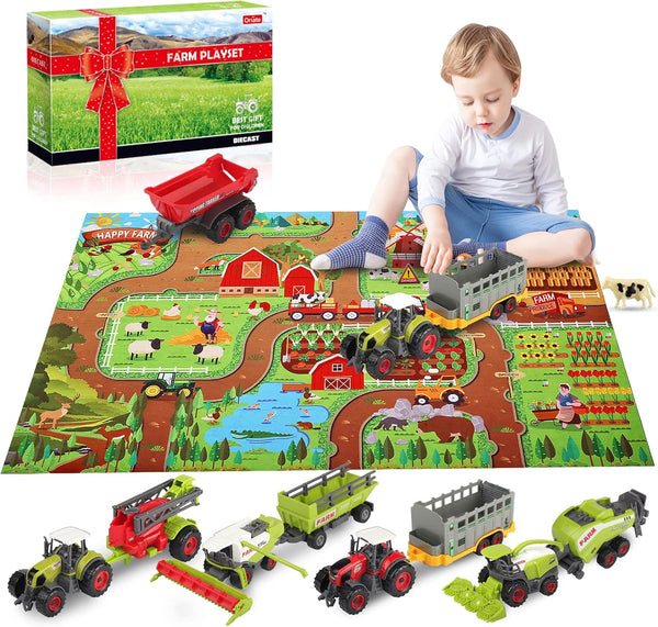 Oriate Farm Tractor Set, 34 Piece Die Cast Vehicle Playset, Large Tractors Toy for Kids Birthday Gift