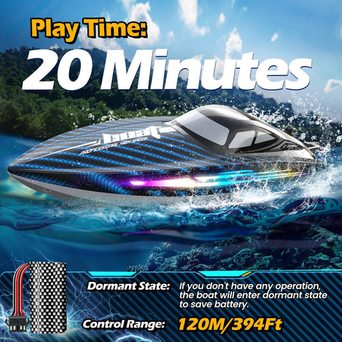jogpun 30KMH 7 8-12 Cooling,20Mins,Low Alert,2.4Ghz,Blue RC Remote Control Boat with LED Light Modes Waterproof