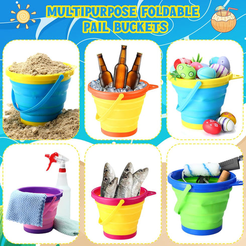 12 Pcs Foldable Pail Bucket with 12 Shovels, 2.5 L Collapsible Sand Buckets for Beach Toys, Colorful