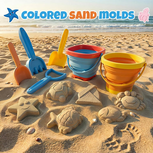 Cozycharm Set 2 2 2 6 Summer Beach Sand Toys for Toddlers, Portable Travel Beach Toys with Collapsible Buckets